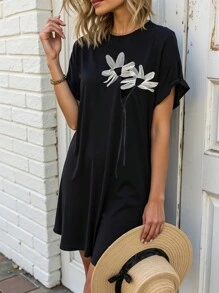 Women's Comfortable Black Floral Applique Casual Dress - Black - View 3