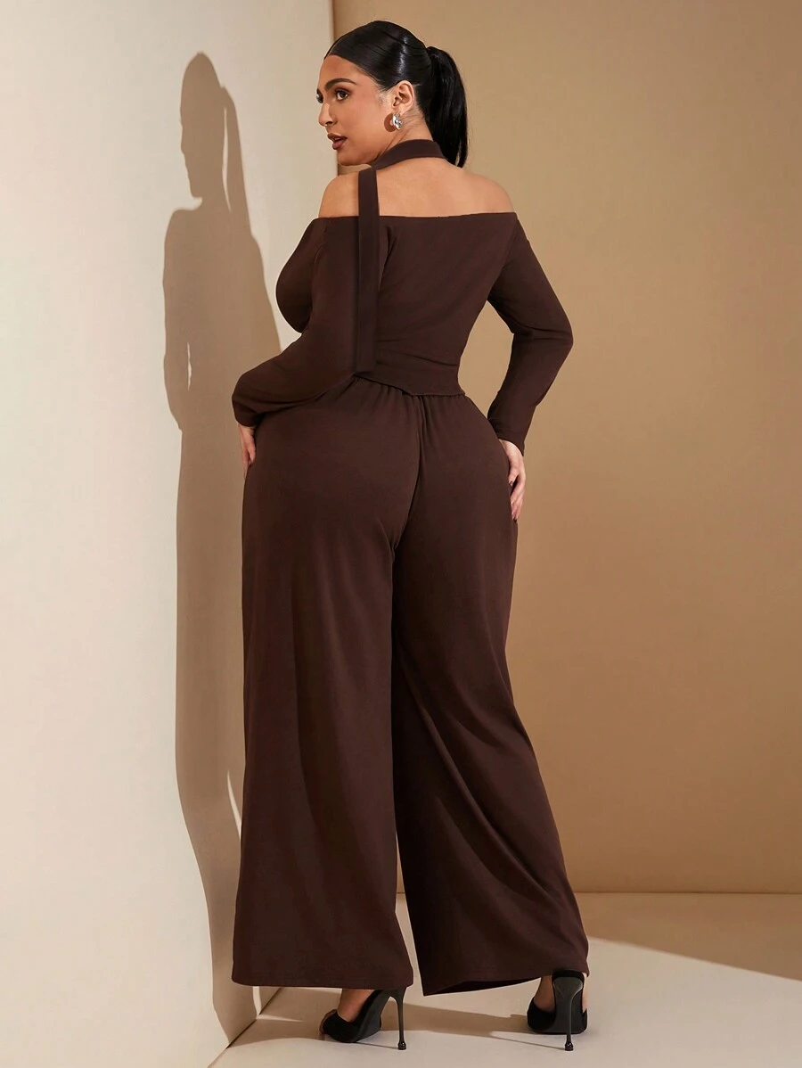 SHEIN BAE Plus Size Women Brown Cold Shoulder Top With Pointed Hem And Skinny Straight-Leg Pants Set, Minimalist Two-Piece Outfit, Suitable For Summer/Spring Seasons, Occasions Like Valentine's Day, Carnival, Beach, Vacation, Back To School
