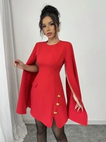 Chiquease Women's Elegant V-Neck Slit Sexy Cute Mini Dress, Date, Valentine's Day, Party, Bow Accent, Solid Red Fall Cloth For Women - Red - View 3
