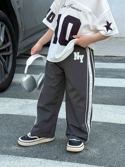 SHEIN 1 件装年轻男孩休闲运动刺绣拼接抽绳腰宽松直筒纯色裤子，适合通勤、上学、日常休闲、度假、运动、春夏秋冬