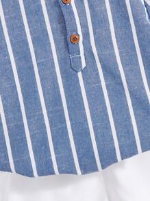 SHEIN Set de 2 piezas de camisa con cuello de media cremallera a rayas y pantalones cortos holgados para niño pequeño, adecuado para primavera/verano: jardín, playa, cumpleaños, interior, exterior, diario, deportes, juegos, fiesta, fotografía, vacaciones, festival, boda, baby shower