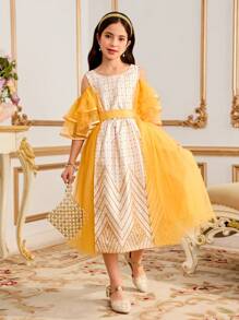 SHEIN Tween Girls Drop Shoulder Princess Net Tulle Dress - Multicolor - View 6