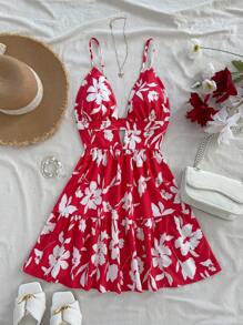 Soleia 女士节日编织花卉印花吊带裙，红色底色，白色花朵，夏季款式，迷你连衣裙 - 紅白色 - 查看 4
