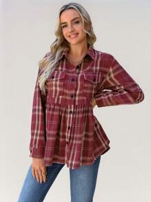 SHEIN LUNE Autumn Green Plaid Vintage Flannel Long Sleeve Peter Pan Collar Cardigan Shirt, Women