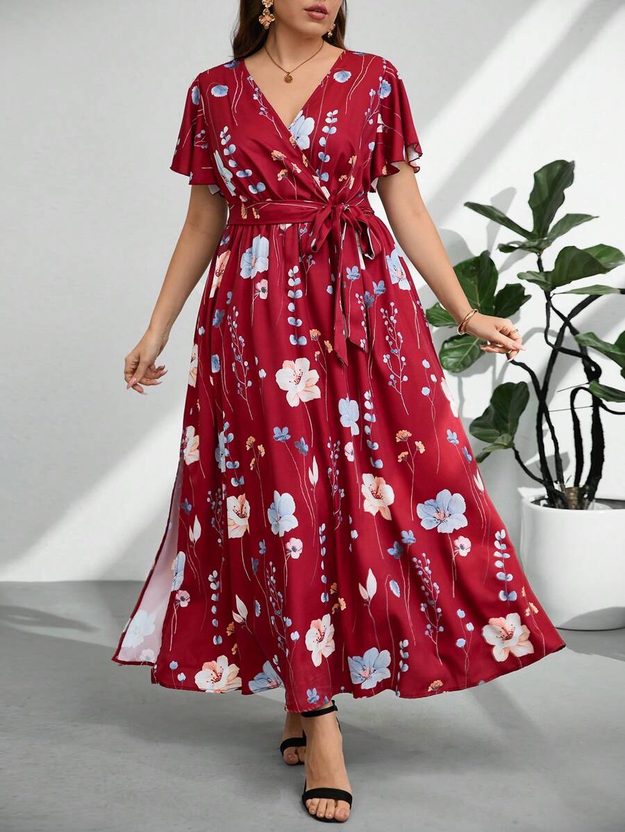 Firerie 大码女式夏季 V 领宽松随意花卉印花系带开衩连衣裙，度假风格 - 酒紅色 - 查看 1