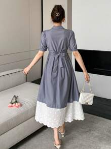 DAZY Vestido camisero de mujer midi con mangas abullonadas y bloques de color para usar al aire libre