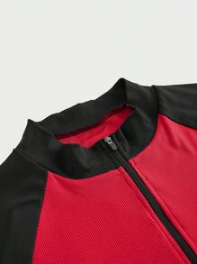 Manfinity Homme Men's Casual Color Block Patchwork Stand Collar Short Sleeve T-Shirt,Men's Casual Daily Multifunctional INS Geometric Texture Jacquard Style, Fashionable Men's Clothing, Gifts For Husband And Boyfriend, Sports Comfortable Elastic Fabric, Ultra Low Price High-End Luxury Fabric Texture, Unique Design, Outdoor Travel, Commuting To Work, INS Versatile Item, Black And Red Color Block , Zipper Style