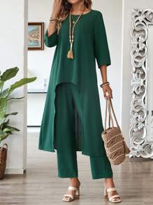 EMERY ROSE 2pcs/Set Women Solid Color Uneven Hem 3/4 Sleeve Top And Pants Outfit - Dark Green - View 6