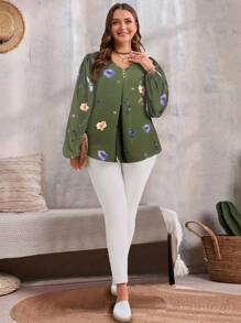 EMERY ROSE 大码女式秋装花卉印花 V 领灯笼袖宽松长袖衬衫