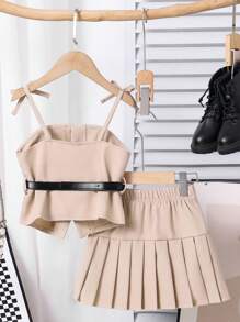 SHEIN Young Girls Casual Commuting Grey Suspender Shirt With Dark Grey Pleated Skirt And Black Belt, 2 Pieces Outfit - Khaki - View 2