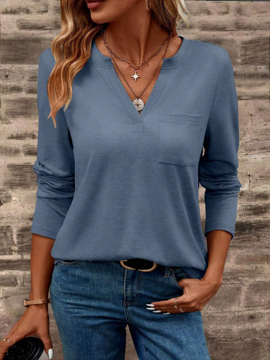EMERY ROSE Women's Solid Color V-Neck Pocket Long Sleeve Casual T-Shirt Fall Cloth For Women - Blue - View 1