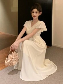 DAZY Women's Cross Fold Ruched Waist Mid-Length Dress Prom Dress Elegant Women Dresses Maxi Dress - Beige - View 5