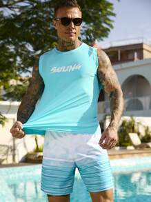 Manfinity Swimmode 2pcs Men Letter Printed Tank Top And Shorts Swimming Trunks Set,Hawaiian