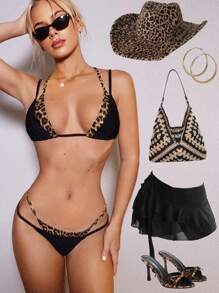 SHEIN ICON 女式 1 件套比基尼上衣 Y2k 夏季外出纯色拼接细肩带简约比基尼上衣，西式女装 - 彩色 - 查看 2