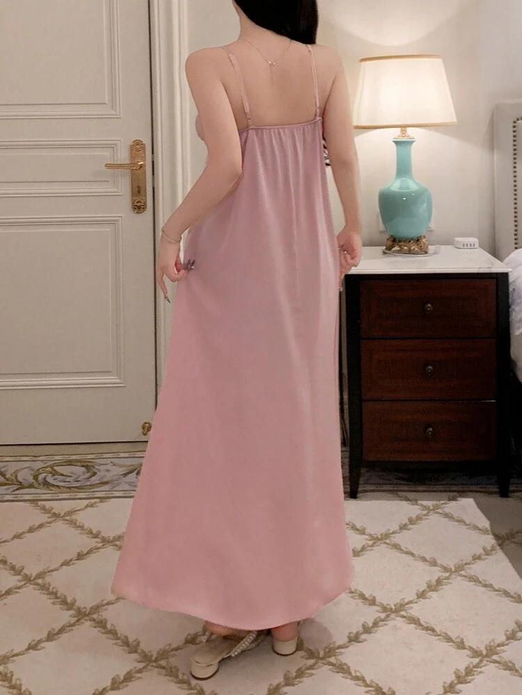 Long Romantic Color Block Lace Paneled Slip Dress Pajama