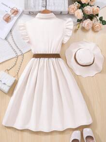 2pcs Tween Girls Ruffled Sleeveless Dress With Hat And Waist Rope, Elegant Spring/Summer Dress - Beige - View 2