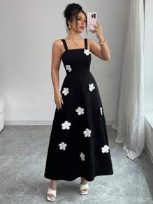 Elenzga Women's Wide Strap 3D Floral Decor Casual Dress