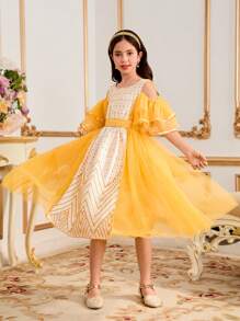 SHEIN Tween Girls Drop Shoulder Princess Net Tulle Dress - Multicolor - View 1