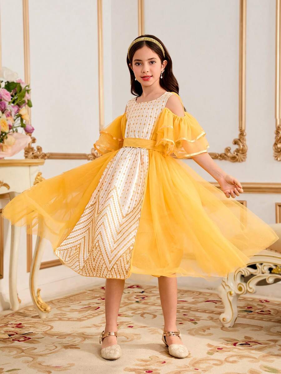 SHEIN Tween Girls Drop Shoulder Princess Net Tulle Dress - Multicolor - View 1