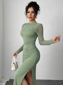 Firerie Đầm nữ cổ tròn tay dài màu trơn đính ngọc trai thanh lịch - màu xanh lá - Xem 4