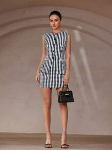 Aveloria Rosie 年轻时尚法国经典黑白野餐格子背心搭配裙子女士两件套学院风