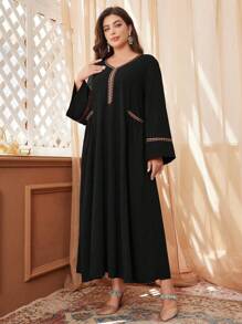 Al Najma 加大码新款女式亮片口袋天鹅绒和金属亮片带编织简约阿拉伯连衣裙，简约优雅长款 Jalabiya 阿拉伯连衣裙，适合日常休闲、长袍 - 黑色 - 查看 7