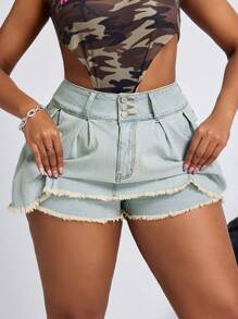 SHEIN SXY 大码女式弹力牛仔蓝色复古褶皱时尚短裙 - 藍色 - 查看 2