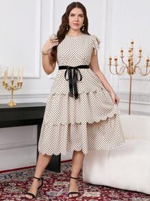 SHEIN Clasi Plus Size Women Elegant Polka Dot Print Round Neck Cap Sleeve Layered Ruffles Hem Romantic Cake Dress,Romantic Dresses,Summer Dresses For Women,Summer Outfits For Women,Wedding Guest Dress Women - Apricot - View 7