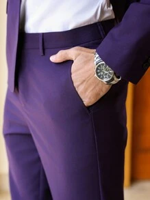 Manfinity Bizformal 男士翻领长袖紫色西装外套和裤子套装，商务旅行装