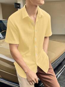 Manfinity Homme Camisa holgada de hombre con botones delanteros y hombros caídos - Amarillo - Ver 3