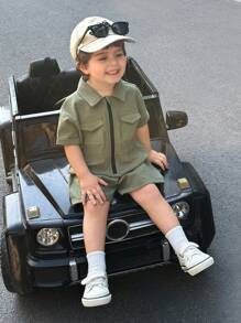 SHEIN Leap Crew 新生儿男童休闲韩版可爱军绿色短袖连体衣夏季 - 彩色 - 查看 1