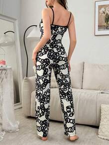 2pcs Women Contrast Lace Trim Graphic Print Pajama Set With Chain Decor - Multicolor - View 2