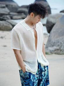 DAZY Summer Men's White Ribbed Knit Vacation Pullover - White - View 4