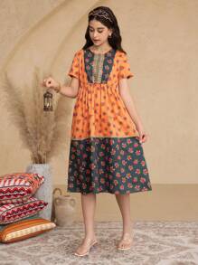 2pcs/Set Tween Girls Resort Rayon Rose Print Patchwork Short Sleeve Mini Dress With Crossbody Bag, Spring/Summer - Multicolor - View 5