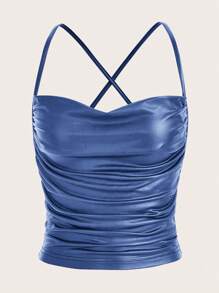 SHEIN ICON Draped Front Crisscross Backless PU Leather Cami Going Out Tops - Dusty Blue - View 1