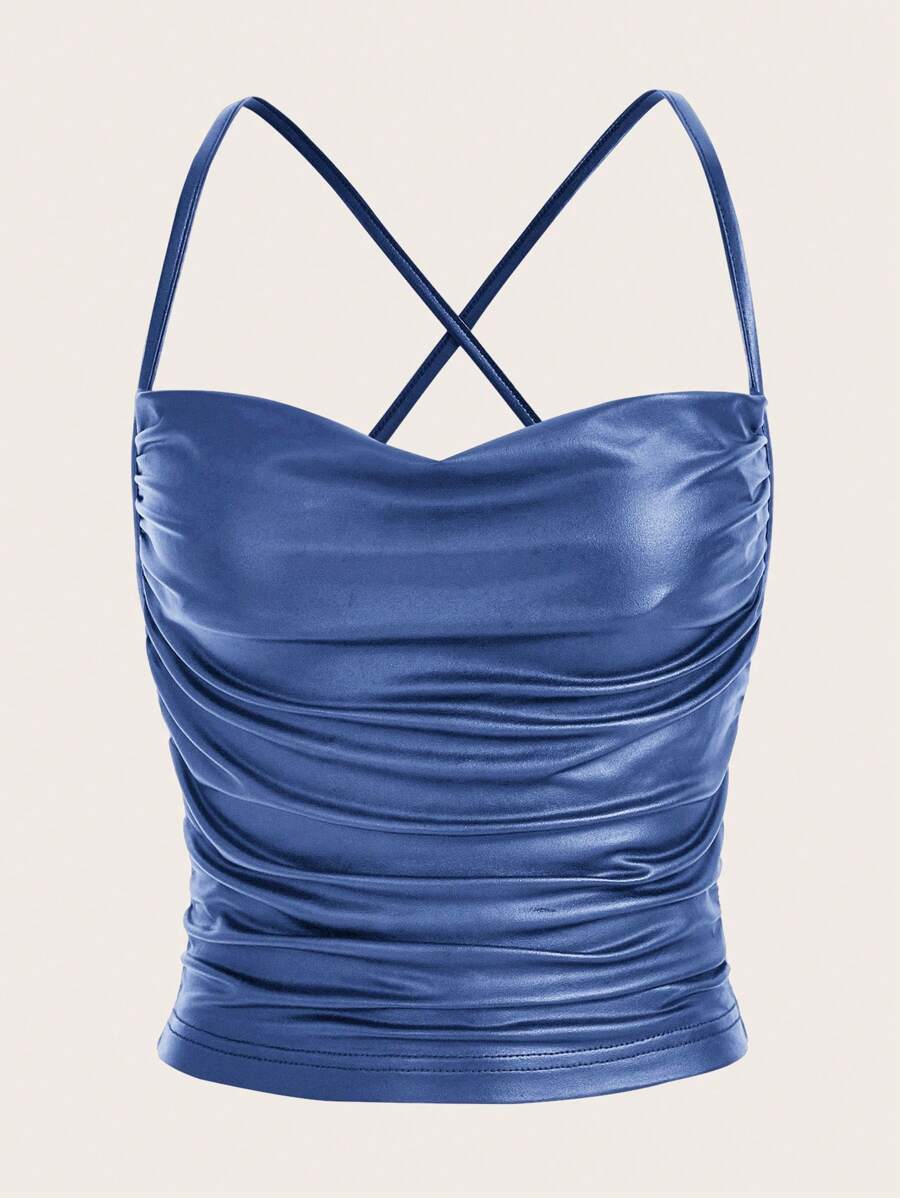 SHEIN ICON Draped Front Crisscross Backless PU Leather Cami Going Out Tops - Dusty Blue - View 1
