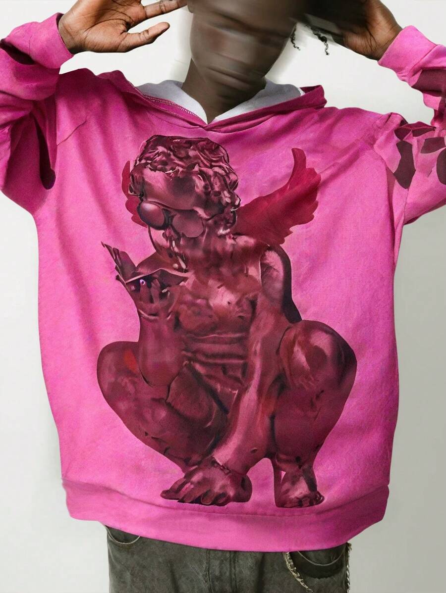 Manfinity Dauomo Men's Casual Angel Print Hoodie Sweatshirt - Pink - View 1
