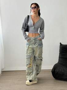 Flirla Lässiger, vielseitiger einfarbiger V-Ausschnitt Knopf Pullover Herbst Sweatshirt