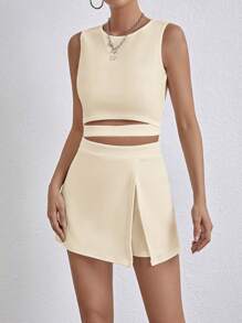 SHEIN Leap Crew 少女纯色吊带背心 + 短裤套装，度假 2 件套 - 杏色 - 查看 3