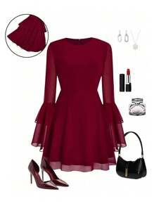 SHEIN LUNE Vestido de gasa de cuello redondo elegante de unicolor con mangas abombadas y espalda descubierta, adecuado para primavera y otoño, San Valentín, tallas grandes - Rojo - Ver 1