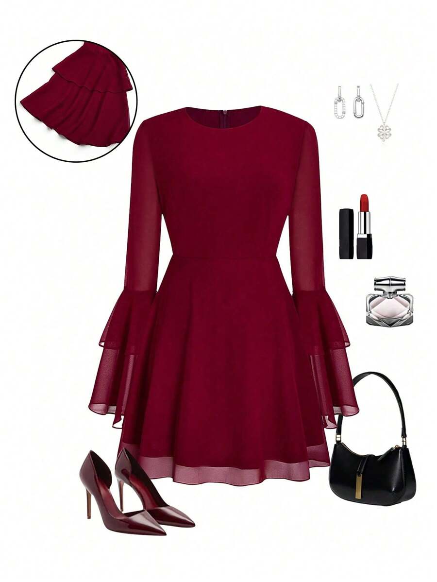 SHEIN LUNE Plus Size Solid Color Elegant Round Neck Chiffon Backless Flare Sleeve Dress, Suitable For Spring & Autumn,Valentine - Red - View 1