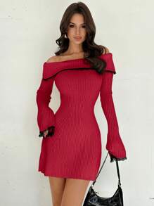 Firerie Elegant Sexy White Contrast Color Lace Patchwork Off Shoulder Bell Sleeve Waist Fit A-Line Mini Sweater Dress, Autumn/Winter - Red - View 3