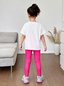 Set de 2 piezas: Camiseta de cuello redondo con patrón de gato lindo y pantalones ajustados para niñas jóvenes