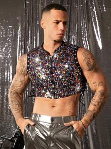 FeverCity Men's Sleeveless Mesh Sequins Cropped Tank Top - Multicolor - View 1