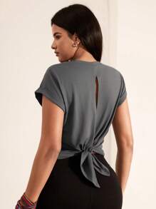 Hanevo Women Casual Solid Color Lace-Up Back Slit T-Shirt Sportwear For Daily Wear - Dark Grey - View 1