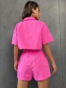 SHEIN PETITE Women's 2 Pieces Set: Solid Color Casual Cropped Shirt & Ruched Waist Shorts - Hot Pink - View 2