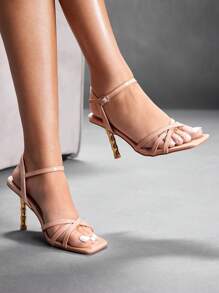 CUCCOO SZL Sandalias altas de tacón cuadrado color albaricoque con tacones metálicos dorados, diseño elegante y sexy con correas cruzadas para damas