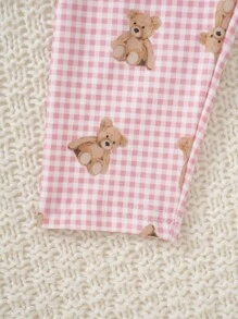SHEIN 2pcs/Set Baby Girl Cute Pink Plaid Bear Pattern Shirt And Loose Fit Pants Casual Pajama Set