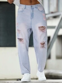 Manfinity EMRG 男士破洞水洗宽松牛仔裤，街头时尚风格