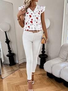 SHEIN LUNE Valentine's Day Heart Print Cap Sleeve Blouse - White - View 4